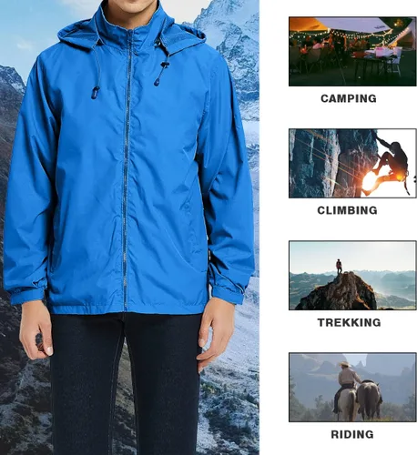 Miniatura 6 de MYJAJAYI Chaqueta cortavientos ligera para hombre, impermeable, con capucha, con cierre de cremallera