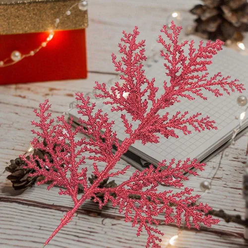 Miniatura 5 de DULRLLY 10 púas artificiales de hojas de Navidad, ramas de árbol de imitación doradas, adorno de árbol de Navidad, espray de hojas con purpurina