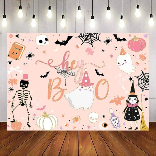 Miniatura 6 de Avezano Cartel de fondo de Halloween de Hey Boo de 7 x 5 pies, pancarta espeluznante de Little Boo, decoraciones para fiestas de Halloween para Negro