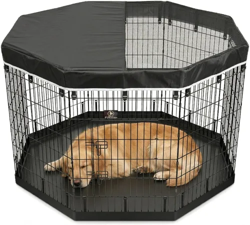 Miniatura 25 de PJYuCien Corralito octogonal para perros con cubierta superior y almohadilla inferior, bolígrafo de ejercicio plegable de metal, 8 paneles de 24