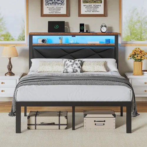 Miniatura 11 de ChicZhiNest Marco de cama individual con cabecero LED y estación de carga USB incorporada, cama de metal tapizada en lino con respaldo y estantes