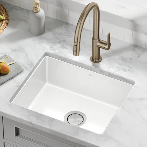 Miniatura 2 de Kraus Pintura Fregadero de cocina de acero con esmalte porcelánico de 21 pulgadas, montura por debajo, cuenco simple, en blanco, KE1US21GWH