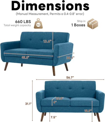 Miniatura 2 de Tbfit Sofá biplaza de 56 pulgadas de ancho, decoración moderna de mediados de siglo, sofás de dos plazas para sala de estar, sofá pequeño tapizado