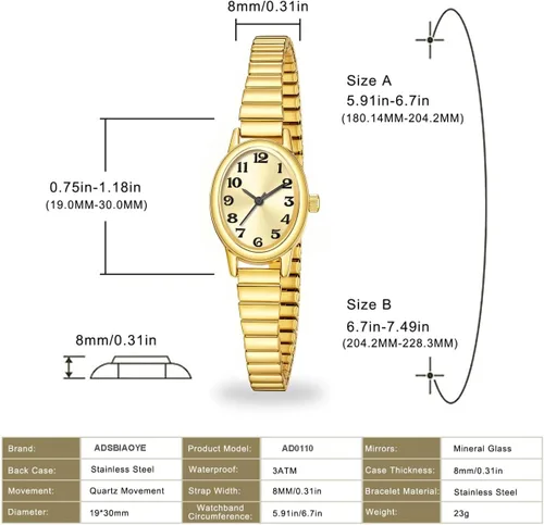 Miniatura 6 de ADSBIAOYE Relojes pequeños de oro para mujer, números arábigos, fácil de leer, reloj analógico con banda de expansión de acero inoxidable