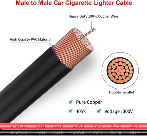 Miniatura 2 de ELFCULB Cable de encendedor de cigarrillos macho a macho, cable de extensión de enchufe de encendedor de cigarrillos de automóvil de 14 AWG 12 V