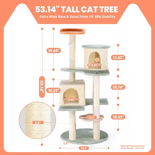 Miniatura 2 de HYABi - Árbol para gatos de 53 pulgadas con flores, casa de gatos de varios niveles con postes para rascar y juguetes, diseño fresco