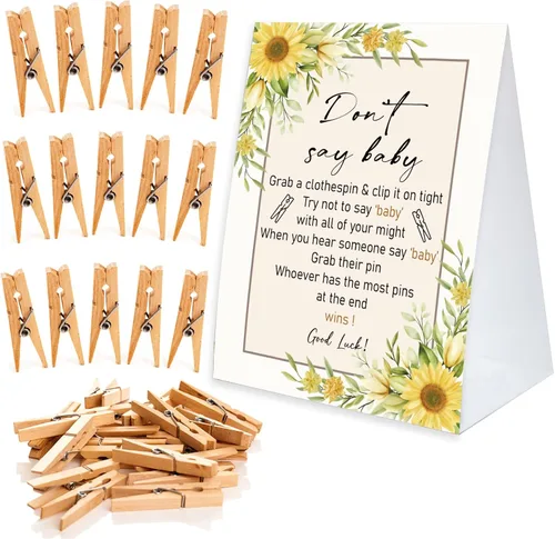 Miniatura 10 de Juego de pinzas para la ropa de baby shower, un cartel de papel recubierto de 5 x 7 pulgadas y 50 pinzas naturales para la ropa, baby shower