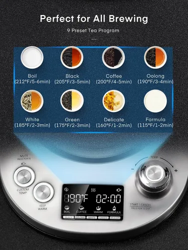 Miniatura 3 de Hervidor de té eléctrico, hervidor de vidrio con 9 ajustes preestablecidos de control de temperatura, tetera de 1200 W con infusor extraíble, 2