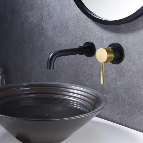 Miniatura 5 de SUMERAIN Grifo de baño de montaje en pared negro y dorado Grifo de montaje en pared para lavabo de baño, con dos manijas y válvula de instalación