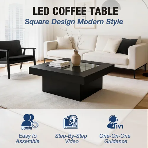 Miniatura 7 de FKWin Mesas de centro modernas negras – Mesa de centro cuadrada con espejo de profundidad infinita con luces LED, mesa negra para sala de estar