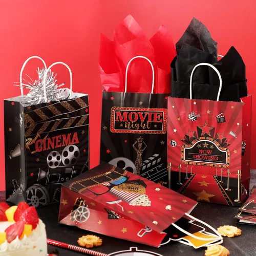 Miniatura 4 de Funrous 24 bolsas de fiesta nocturna de película con papel de seda, bolsas de recuerdo de película con asas, regalo de regalo para niños