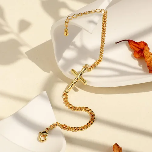 Miniatura 5 de Pulsera de cruz para mujer, chapada en oro de 18 quilates, pulsera de eslabones de cadena cubana, pulsera de oro para mujer, regalos de confirmación