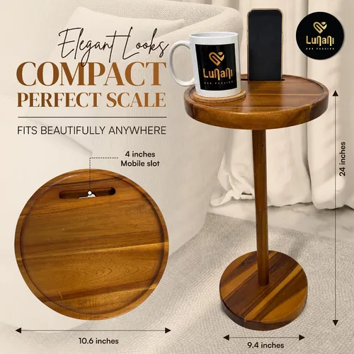 Miniatura 2 de Mesa de bebidas para espacios pequeños, mesa auxiliar de pedestal de 24 pulgadas de alto con base estable, soporte para teléfono y 2 posavasos, mesa