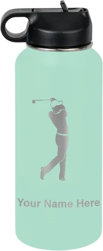Miniatura 66 de LaserGram Botella de agua personalizada, golfista de golf, acero inoxidable de doble pared aislada al vacío con popote superior, regalo grabado Negro