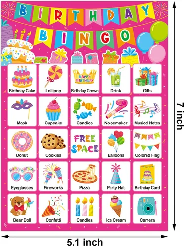 Miniatura 5 de Tarjetas de juego de bingo de cumpleaños para niños, niñas y adultos, 24 jugadores, fiesta de cumpleaños, juegos de bingo para escuela, aula, Rosa