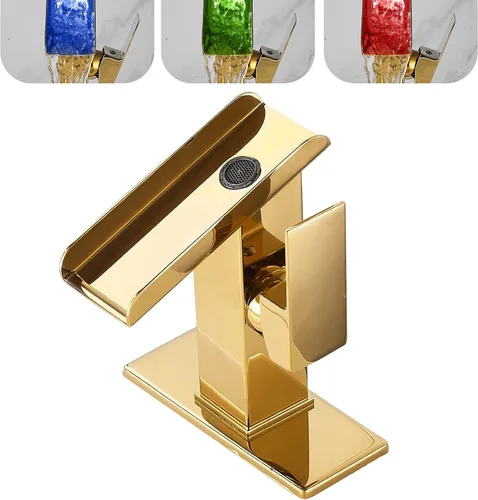 Miniatura 23 de Grifo de lavabo de baño dorado de una sola manija de 1 o 3 agujeros de 4 pulgadas, cascada de 4 pulgadas, grifo de baño moderno de latón para lavabo