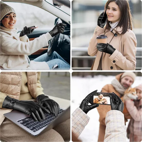 Miniatura 7 de Guantes de cuero de invierno para mujer, con pantalla táctil, guantes cálidos de piel de cordero