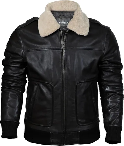 Miniatura 4 de STREGA Chaqueta de cuero para hombre, chaqueta bomber de piel de cordero genuina para hombre, color marrón con cuello Sherpa extraíble, chaqueta