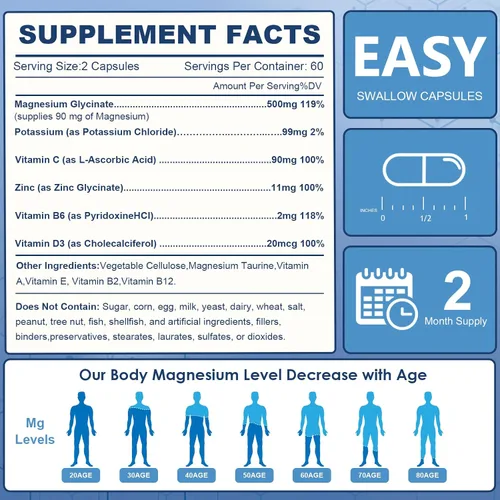 Miniatura 7 de NATURE TARGET Glicinato de Magnesio 500mg, Magnesio Quelado con Zinc y Vitamina D3 para Músculos, Nervios y Huesos, Apoya la Salud del Corazón