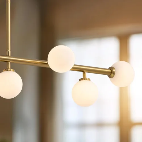 Miniatura 5 de Candelabro de mediados de siglo, lámpara colgante Sputnik de latón dorado con pantalla de lámpara de vidrio blanco, Candelabros lineales de globo
