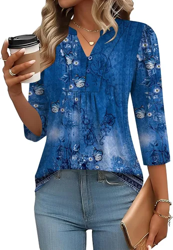 Miniatura 30 de IECCP Blusas de verano de manga 3/4 para mujer, estilo casual, cuello Henley, cuello en V, plisadas, ajuste holgado, blusas de trabajo