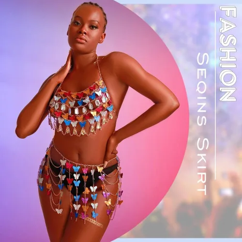 Miniatura 6 de Cadena de cuerpo con borlas y lentejuelas, falda de mariposa dorada colorida en capas, para fiesta en la playa, accesorios ajustables