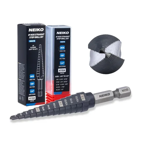 Miniatura 46 de NEIKO 10602B Step Drill Bit, 13 Steps 1/8" to 1/2" Spiral M35 Cobalt, AlTiSiN Coated, 1/4" Quick Change Step Bits for Steel, Metal, Wood, Plastic