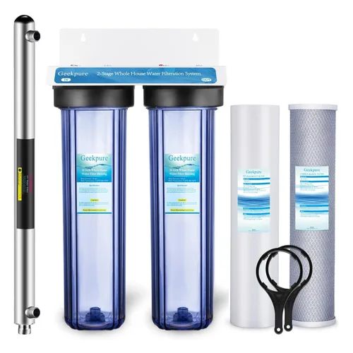 Geekpure Sistema de filtro de agua de 3 etapas para toda la casa con carcasa transparente de 20 pulgadas, 4.5 x 20 pulgadas, 5 micrones, 1 pulgada,
