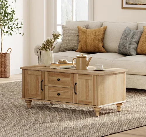 Miniatura 3 de WAMPAT - Mesa de café de granja con gabinete de almacenamiento, mesas de café de madera para la sala de estar, mesa de té rústica rectangular