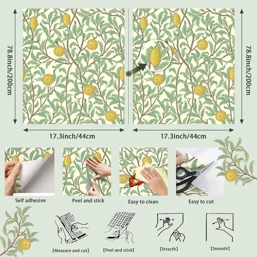 Miniatura 3 de Papel tapiz de limón para despegar y pegar, color beige y verde, 17.3 x 78.8 pulgadas, papel de pared autoadhesivo extraíble, papel de contacto