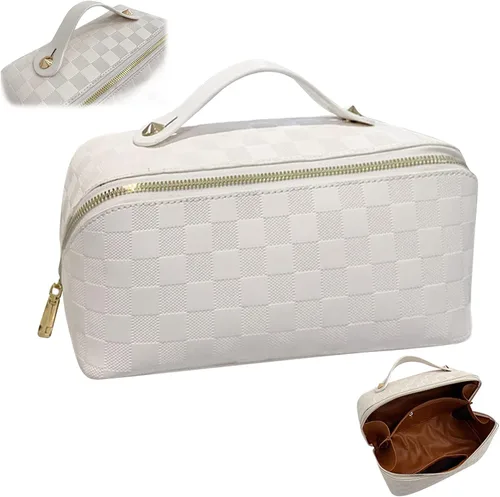 Miniatura 3 de Bolsa de cosméticos de viaje de gran capacidad con asa y divisor - Bolsa de maquillaje multifuncional para un fácil acceso, impermeable, Luz marrón.