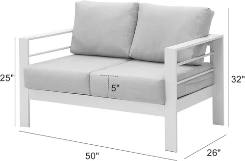 Miniatura 3 de Wisteria Lane - Juego de muebles de patio de aluminio, sofá seccional para todo tipo de clima de 2 plazas, silla de metal blanco con cojines gris
