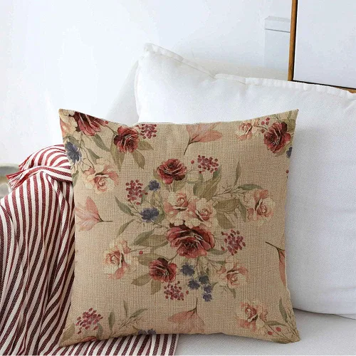 Funda de almohada cuadrada decorativa de lino, acuarela, flores botánicas, hojas, patrón floral, vintage, beige, borgoña, hierba, moderna, original,