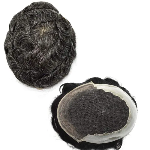 Miniatura 11 de Peluca de repuesto de cabello natural de poliuretano con encaje frontal para hombre (7x9 pulgadas, densidad de luz, 1B40# negro natural con 40% gris)