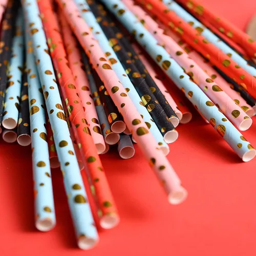Miniatura 6 de 100 pajitas de papel mixtas para fiestas, color negro, rosa claro, azul, rojo, dorado, con lunares, burbujas, para cumpleaños, baby shower, boda