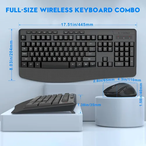 Miniatura 2 de Combo de teclado y mouse inalámbricos, E-YOOSO 2.4GHz, teclado inalámbrico ergonómico de tamaño completo con reposa muñecas, mouse USB inalámbrico