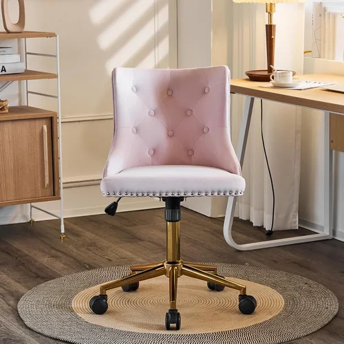 Miniatura 9 de VINGLI Silla de escritorio de terciopelo rosa claro sin brazos para oficina en casa con base dorada/ruedas, bonita silla de tocador y maquillaje