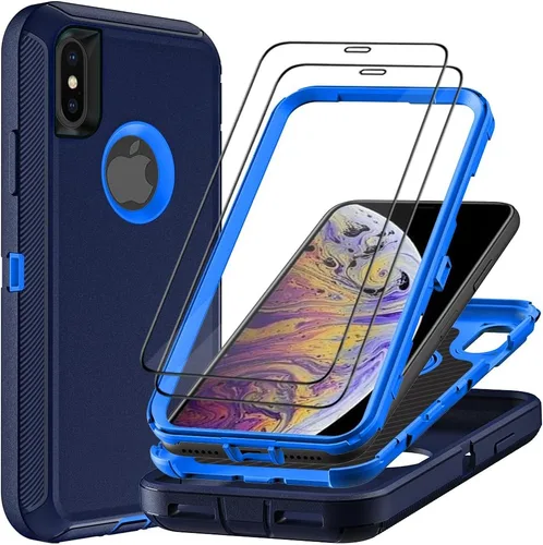 Miniatura 10 de Funda para iPhone X/iPhone Xs con 2 protectores de pantalla de vidrio templado, grado militar 3 en 1, resistente a prueba de golpes, a prueba