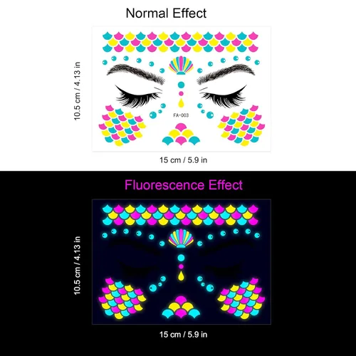 Miniatura 3 de Tatuajes faciales de neón que brillan en la oscuridad, tatuajes temporales con luz negra UV, calcomanías para cuerpo, cara, flores, tatuaje