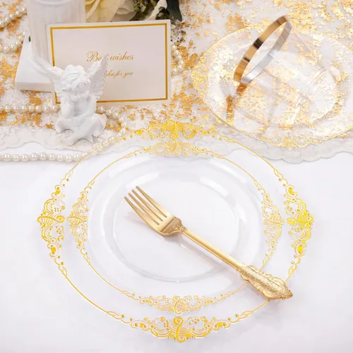 Miniatura 2 de Nervure 175 platos de plástico dorado transparente, platos desechables dorados para fiestas y servilletas preenrolladas con cubiertos para 25 Claro
