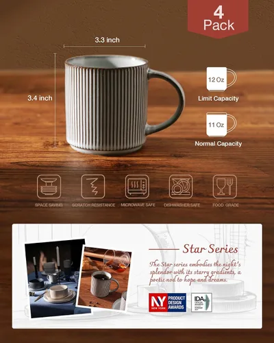 Miniatura 4 de famiware Juego de Tazas de Café para 4, Tazas de Catering Star de 12 oz con Asa para Café, Té, Cacao, Leche - Juego de Vajilla de Cerámica de Gres
