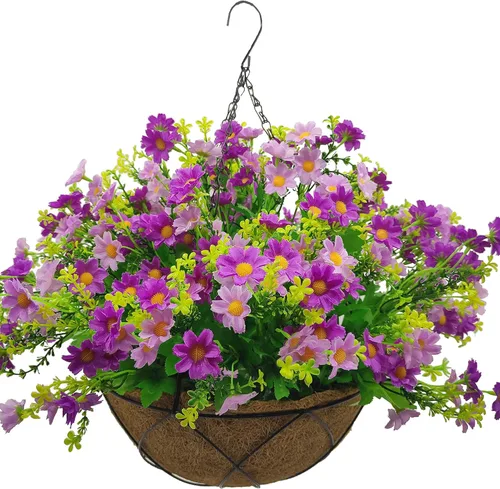Miniatura 8 de Flores colgantes artificiales con cesta, flores de margaritas falsas en cestas colgantes forradas de coco de 12 pulgadas para la decoración