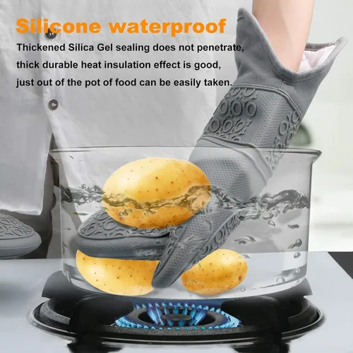 Miniatura 5 de Juego de guantes de horno y almohadillas calientes, 8 guantes de horno de silicona extra largos con alfombrillas antideslizantes resistentes al