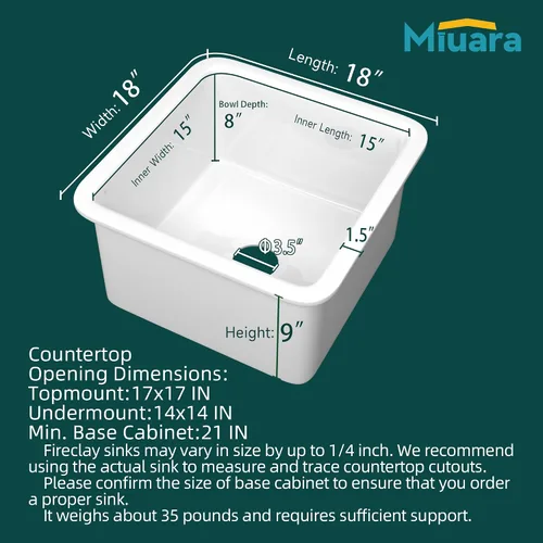 Miniatura 5 de Miuara Fregadero de barra de montaje inferior blanco de 18 pulgadas - Fregadero de cocina pequeño de montaje superior empotrable de 18"x18"x9