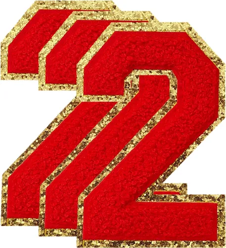 Miniatura 198 de 3 parches de números de chenilla negra, tamaño grande de 4-1/2" parches de números para planchar, parches universitarios para ropa, 8" Borde oro rosa