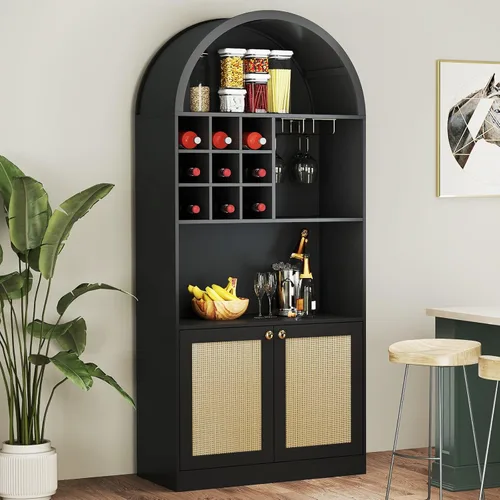 COSVALVE Armario de barra arqueado de 71 pulgadas de alto, gabinete de barra de café de mediados de siglo con almacenamiento, gabinetes de licor de