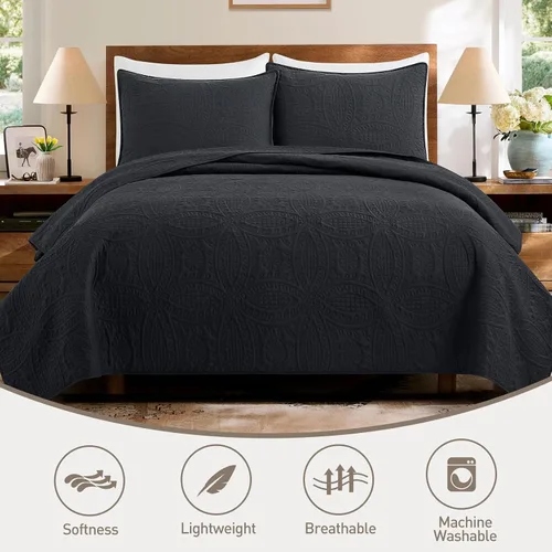 Miniatura 3 de Safonory Juego de edredón King (106 x 96 pulgadas, negro) – Colcha acolchada con patrón de moneda suave y fina de verano para cama King – Juego