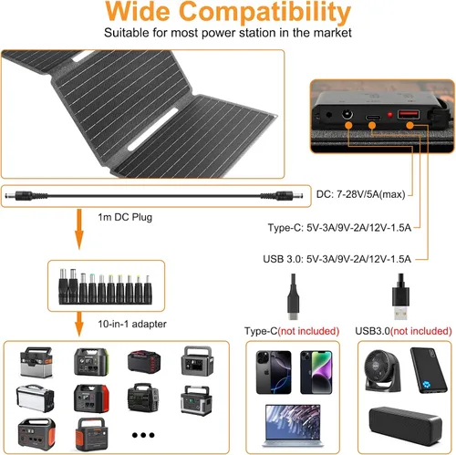 Miniatura 4 de Kit de panel solar plegable portátil de 30 W 18 V ETFE paneles solares cargador con USB 3.0, salidas tipo C y CC, carga rápida compatible