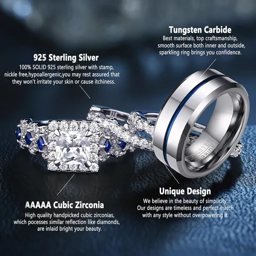 Miniatura 6 de Newshe - Juego de anillos de boda para él y para ella, de tungsteno y plata esterlina, con circonia cúbica, para la pareja, tallas 5 a 12