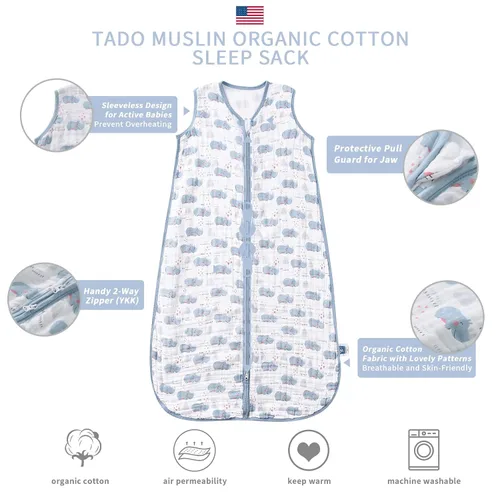 Miniatura 4 de TADO MUSLIN Saco de dormir para bebé de 0 a 6 meses, manta para bebés 100% algodón orgánico con cremallera de 2 vías YKK 0.5 TOG Sacos de dormir